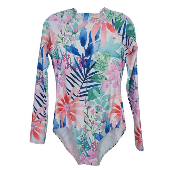 Axesea Women Floral Long Sleeve one piece Surf Swimsuit UPF 50+ Rash Guard Sz 10 - Picture 1 of 12